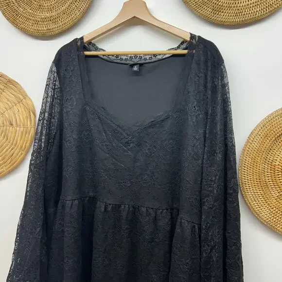 Torrid Lace Baby Doll Top Plus Size 5X Black Sweetheart Neck Sheer Bell Sleeve - Picture 4 of 8